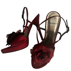 St. John Red Satin Heels with Floral Accent